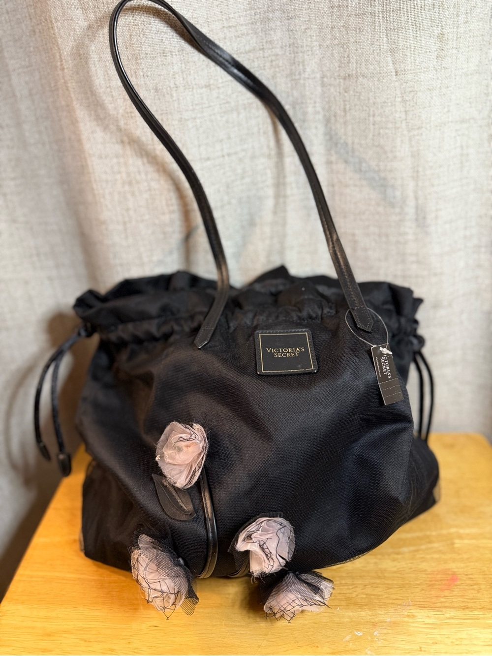 Victoria's Secret Black Tote with Blush Floral Accents
